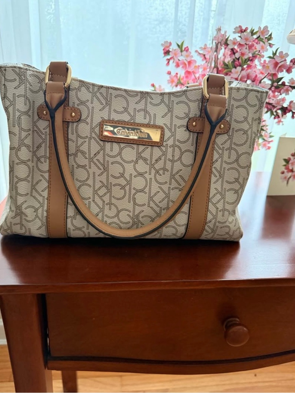 Calvin Klein Beige Monogram Tote with Tan Handles